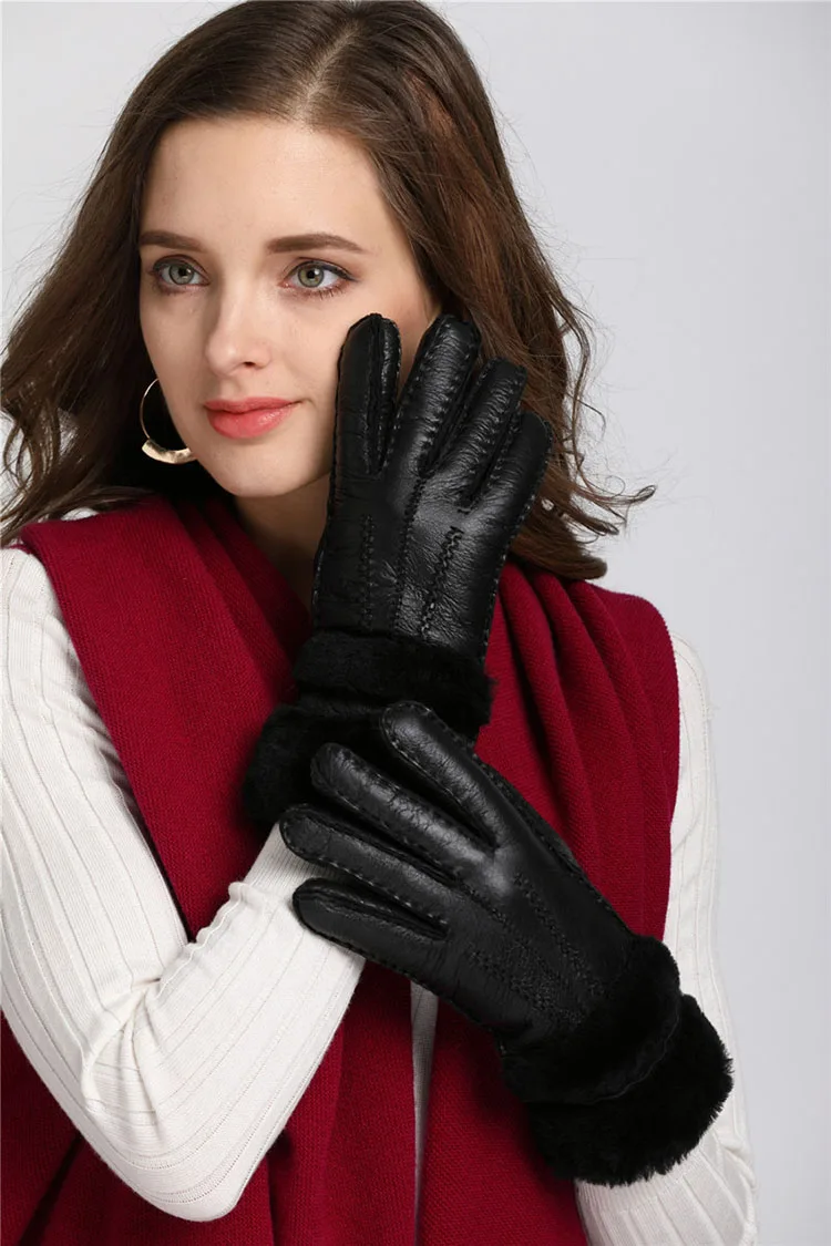 Winter Gloves Women Sheepskin Cashmere Fur Warm Gloves Ladies Full ...