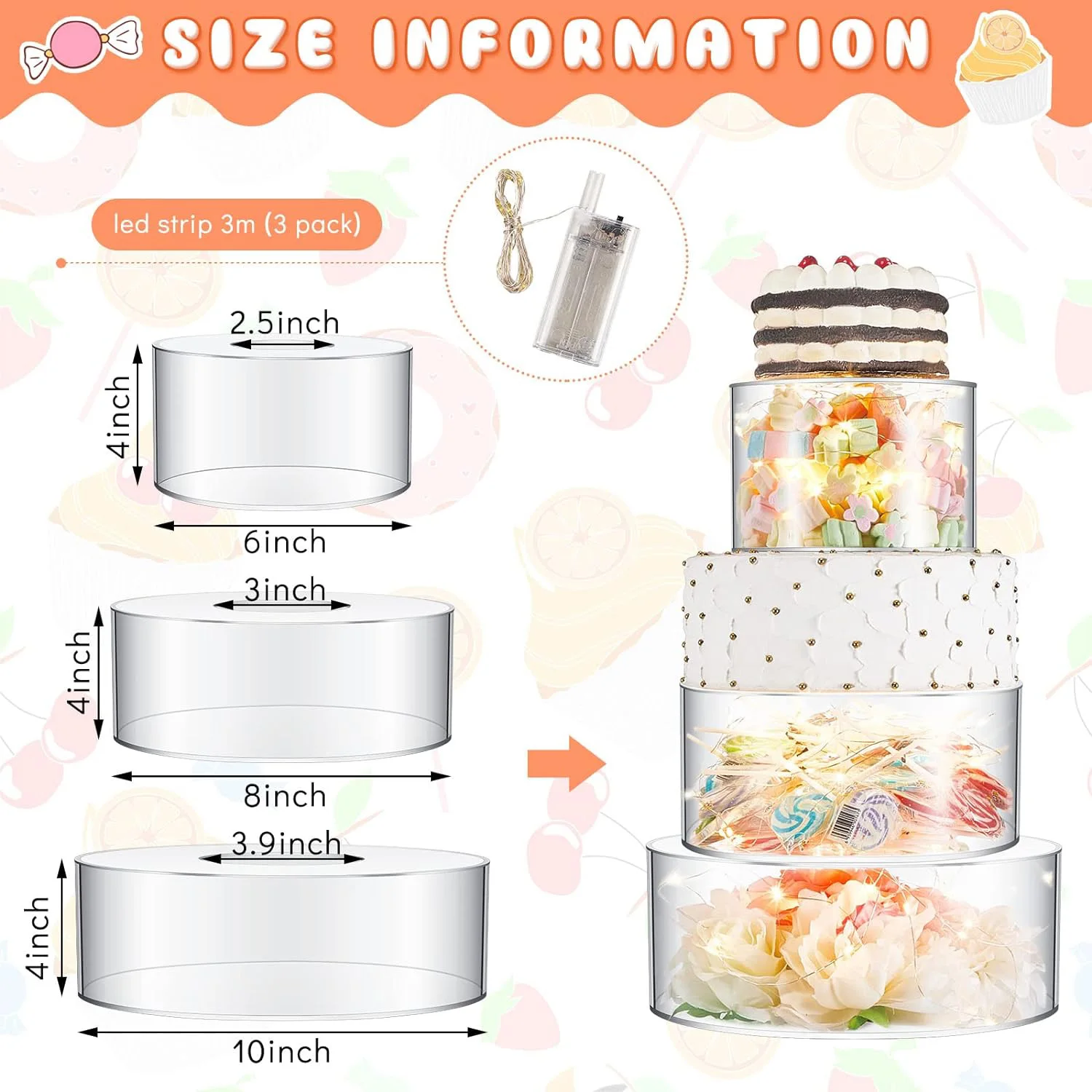 Clear Fillable Cake Plinth Stand Riser 3 Tier Cylinder Box Round