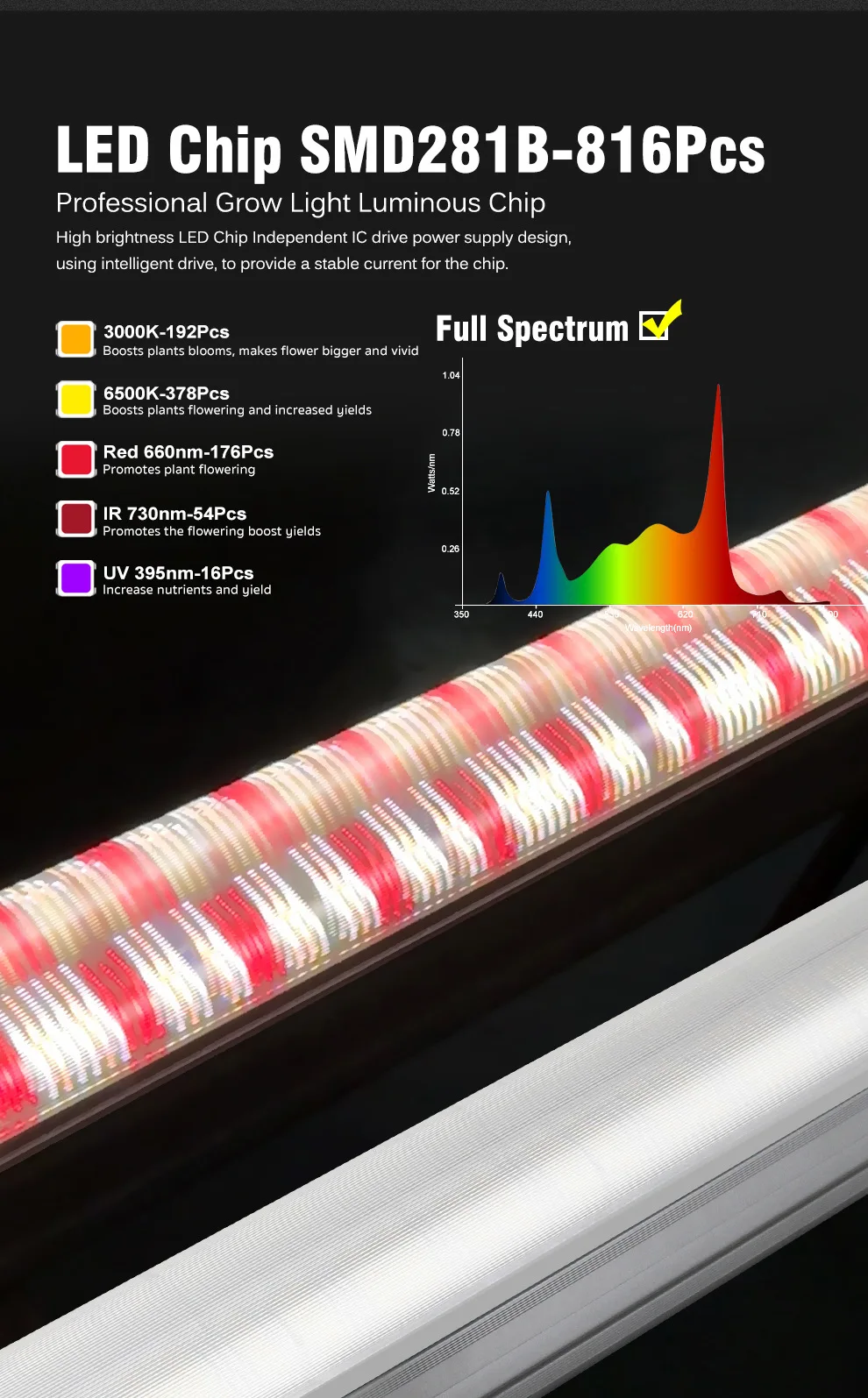 LED Full Spectrum Plant Growth Lamp for Greenhouse Aluminum Body with SMD 2835 Chip Bottom Fill Light for Inter-Plant & Planting manufacture