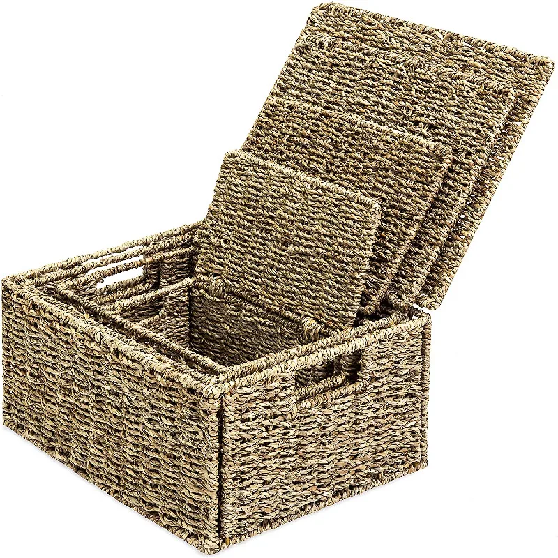 Set Of 4 Seagrass Storage Baskets With Lids And Insert Handles Ideal ...