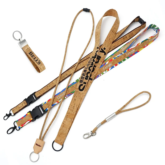 Eco friendly google printed plastic buckles clip accessories strings round cord neck lanyard cork straps