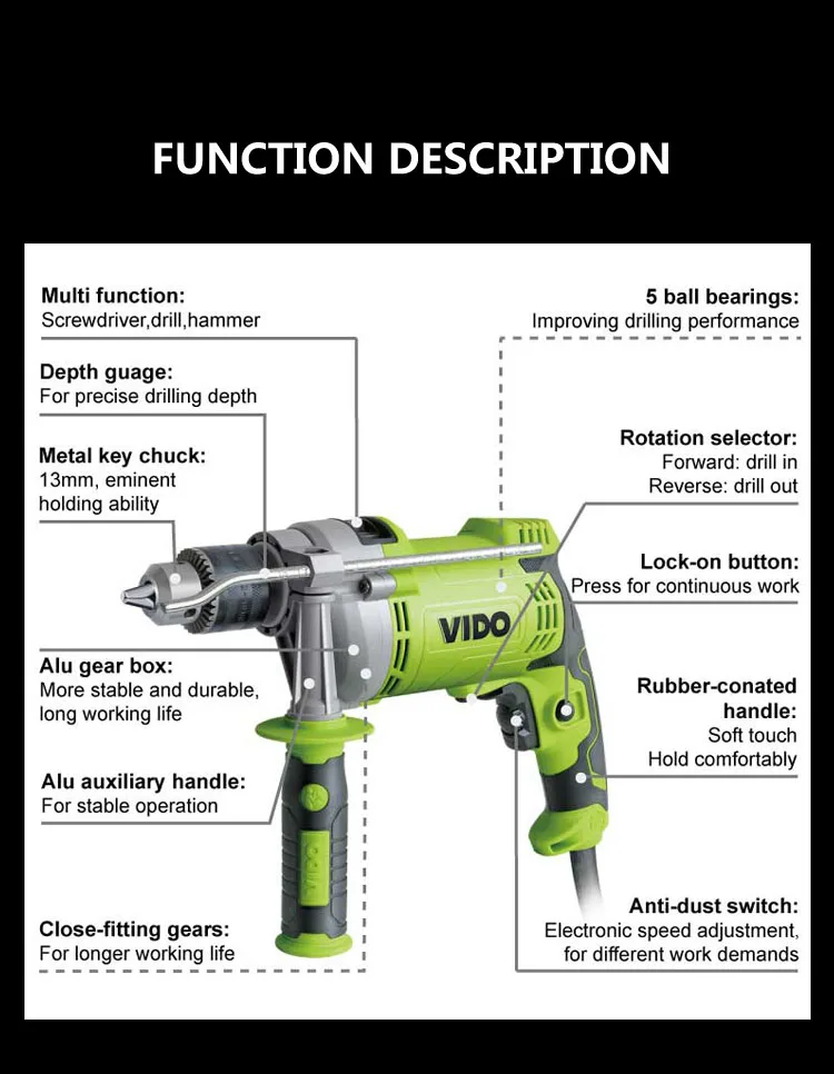 Vido Portable Handle Screwdriver 1050w 13mm Hand Electric Drill Machine 