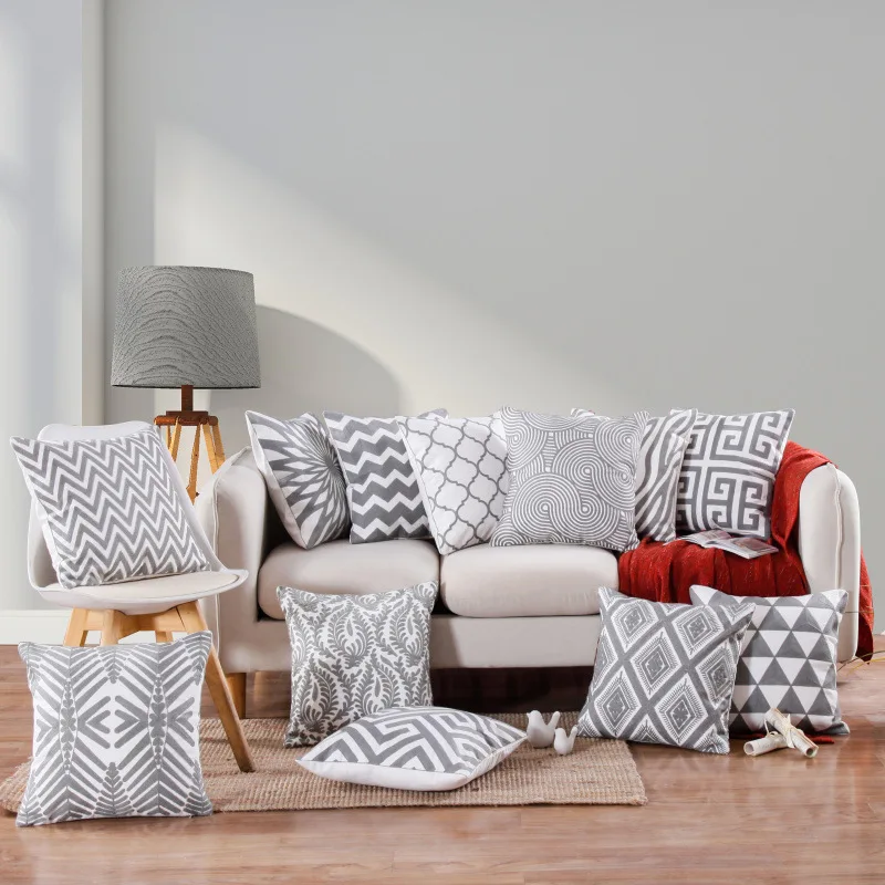 Best Selling Cotton Cushion Gray Geometric Embroidered Cushion Covers