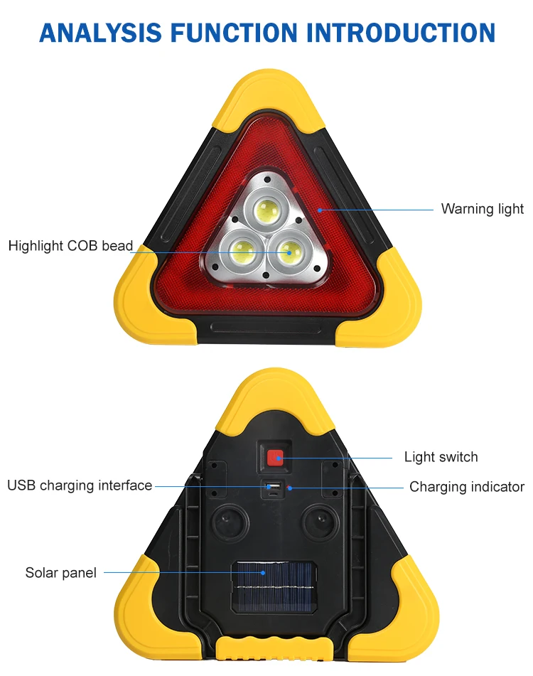 Warning triangle outdoor emergency portable rechargeable 10w 30w solar led warning light