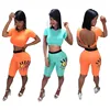 2019 hot sell women clothing summer candy color cartoon eye print crop top open back two Piece Outfits 2 Piece short Set
