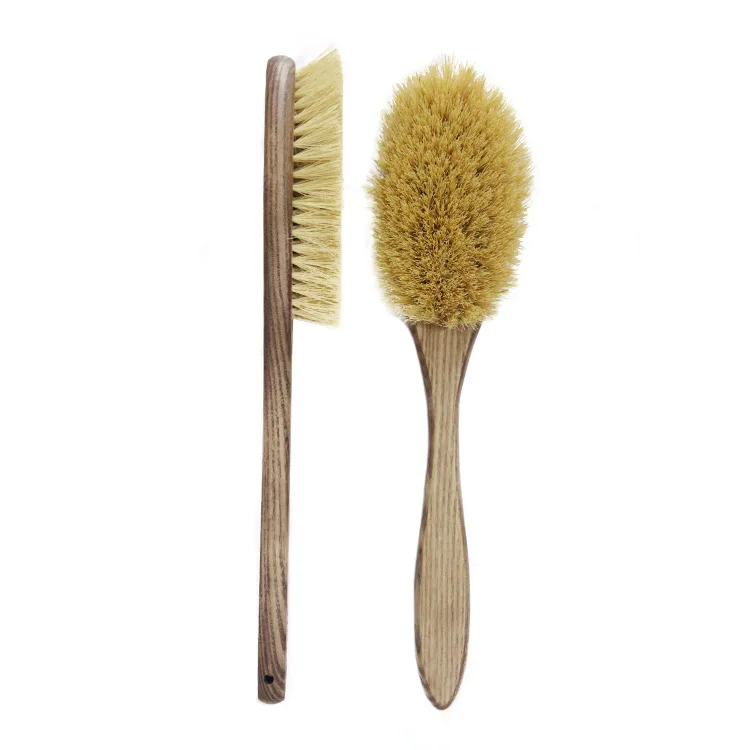 Private label ash soft sisal dry hard bristles natural long wood handle shower body massage bath brush set