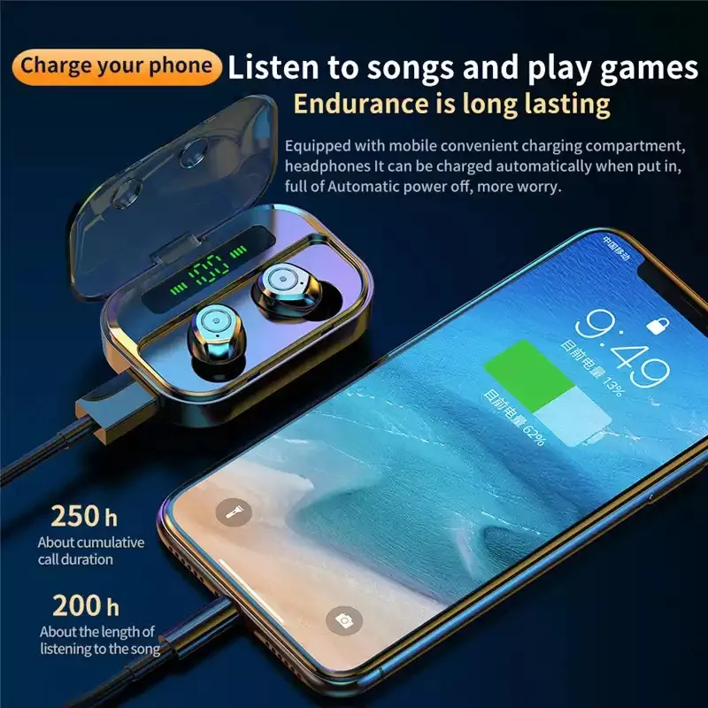IPX7 Waterproof Wireless Blue tooth 5.0 Touch Screen Earphone with Large Capacity Charging Case LED Display Sport Headphones - ANKUX.COM