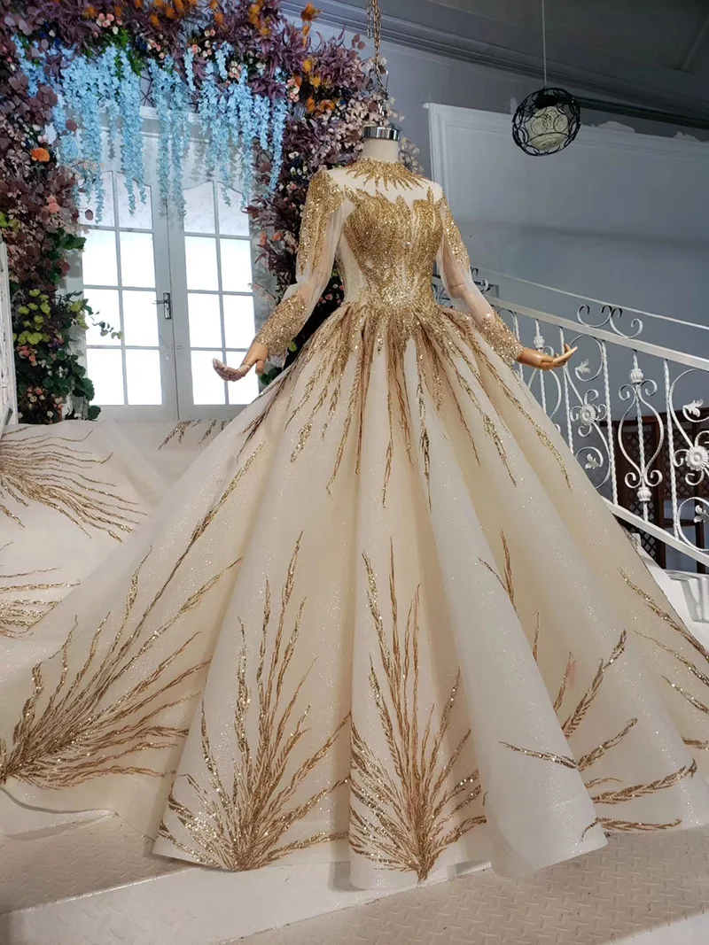 2020 Custom Made Princess Wedding Dresses Vestido De Casamento Gold Appliques Beading Long Sleeve Bridal Gowns