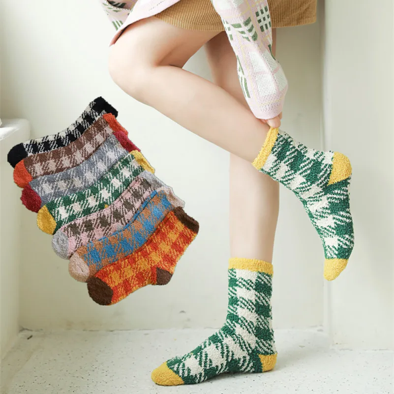 Japanese Hosiery Velvet Patchwork Plaid Socks Thermal Winter Socks For ...