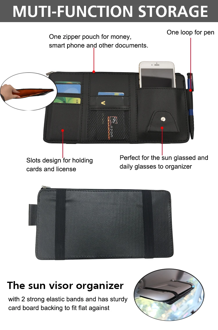 Multifunction Automobile Interiors Pu Leather Universal Car Visor Card Holder