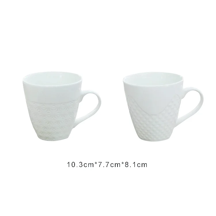 Stock cheap fancy sublimation ceramic coffee bulk white embossed  ceramic  mug porcelain cup