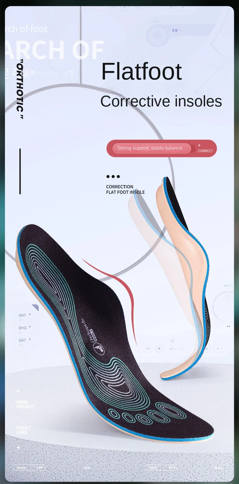 Cork Flat Foot Correction Insoles for Men and Women Shock Absorbing Foot Arch Support Orthopedic Orthotic Made of EVA Material