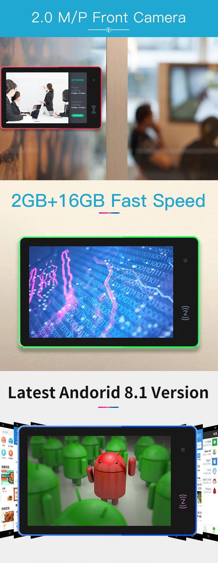 Meeting room digital signage 10 inch wall mount poe android tablet surrounding LED light with RFID / NFC