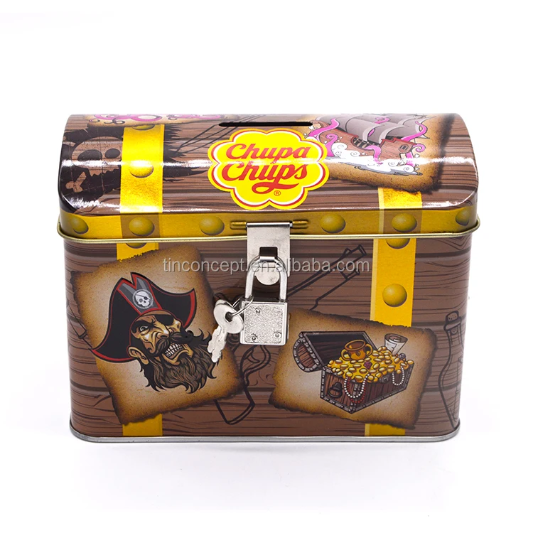 Exquisite Hinged Lid Coin Bank Tin Can For Children