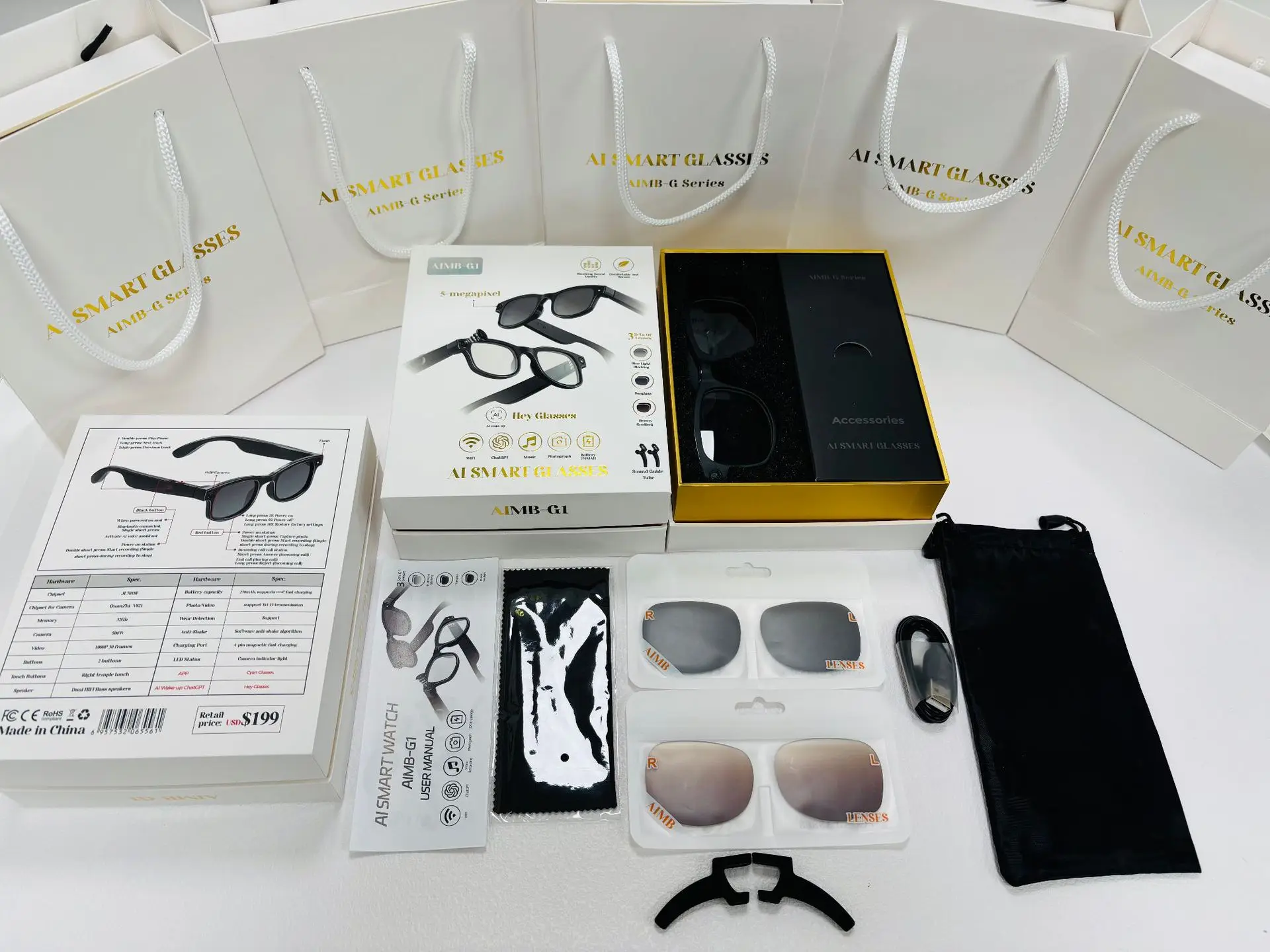 Aimb-G1智能眼镜跨境流行防蓝光镜头蓝牙通话AI语音助手照片智能穿戴