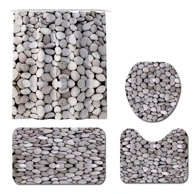 Stone Style Shower Curtain Lid Toilet Cover Bath Mat Rug with Hooks Bathroom Accessory Sets