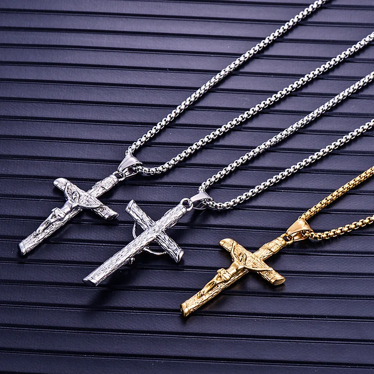 Men's Silver Tone Collier vintage religieux croix en acier inoxydable Pendentif Chaîne 