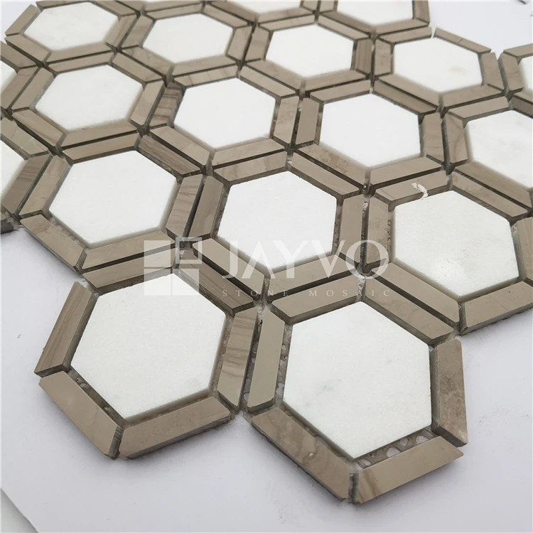 Hexagon marble mosaic Wholesale Luxury Natural Super White Mosaic Tile Stone for Wall Decoration Golden white ledge stone
