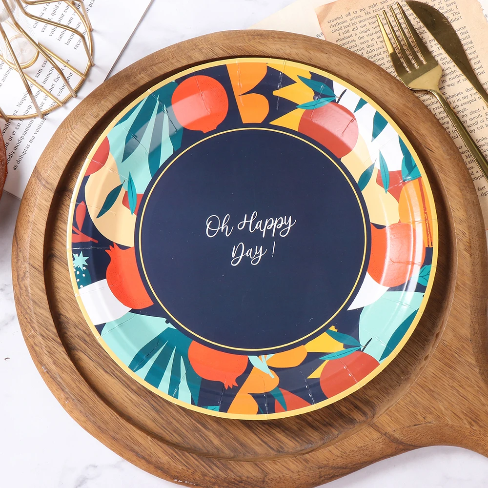 Pomegranate Camping Paper Plates Happy Day Black Decorative Disposable Dinner Tray 10PCS/BAG for Tables factory