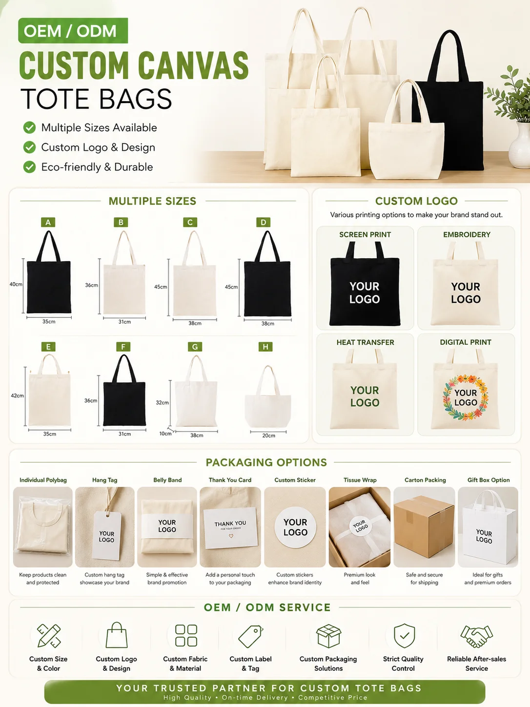 Custom Logo Canvas Tote Bag Multi-Size Reusable Shopping Bag Eco-Friendly Promotional Grocery Bag OEM
