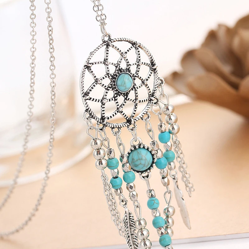 Vintage fringed feathers turquoise necklace bohemian jewelry dream catcher sweater necklace N175