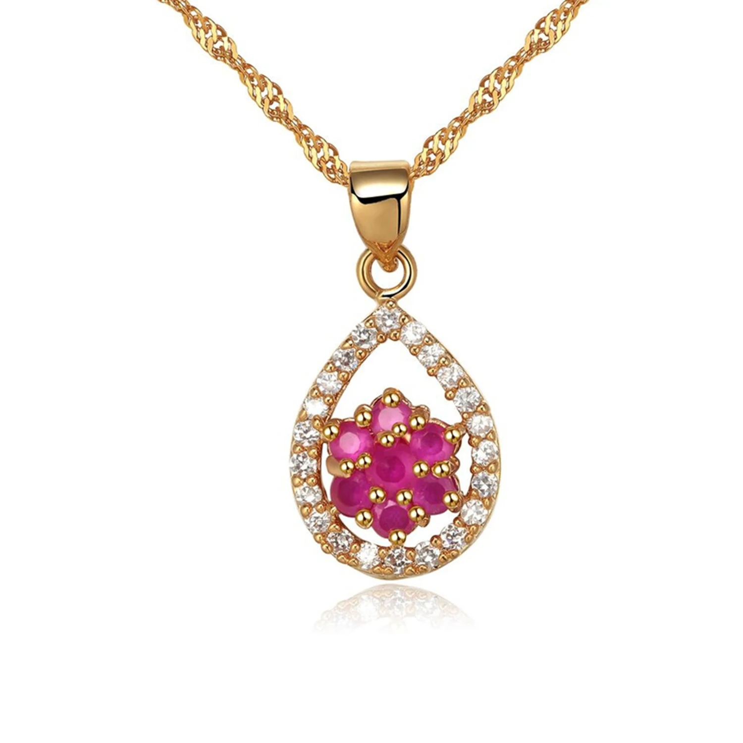 Fashion Jewelry Gold Earrings Pendant Necklace Ring Geometric Synthetic Ruby Teardrop Jewelry Set (图5)