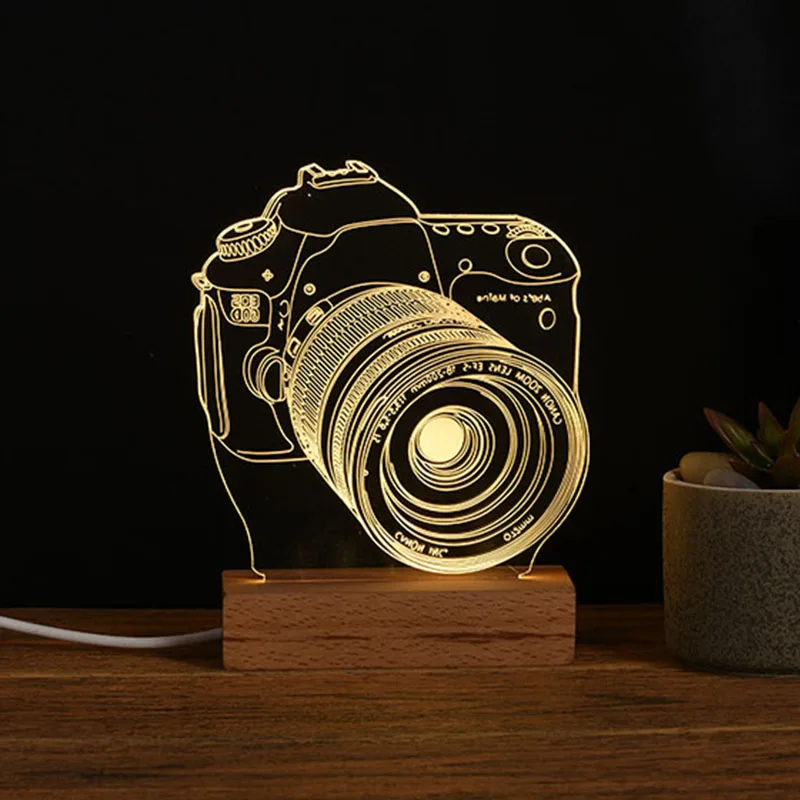 American Style OEM Shape Optical Creative Led Table Lamp Wood Base Rectangle 3D Effect Night Light For Wholesale Price
