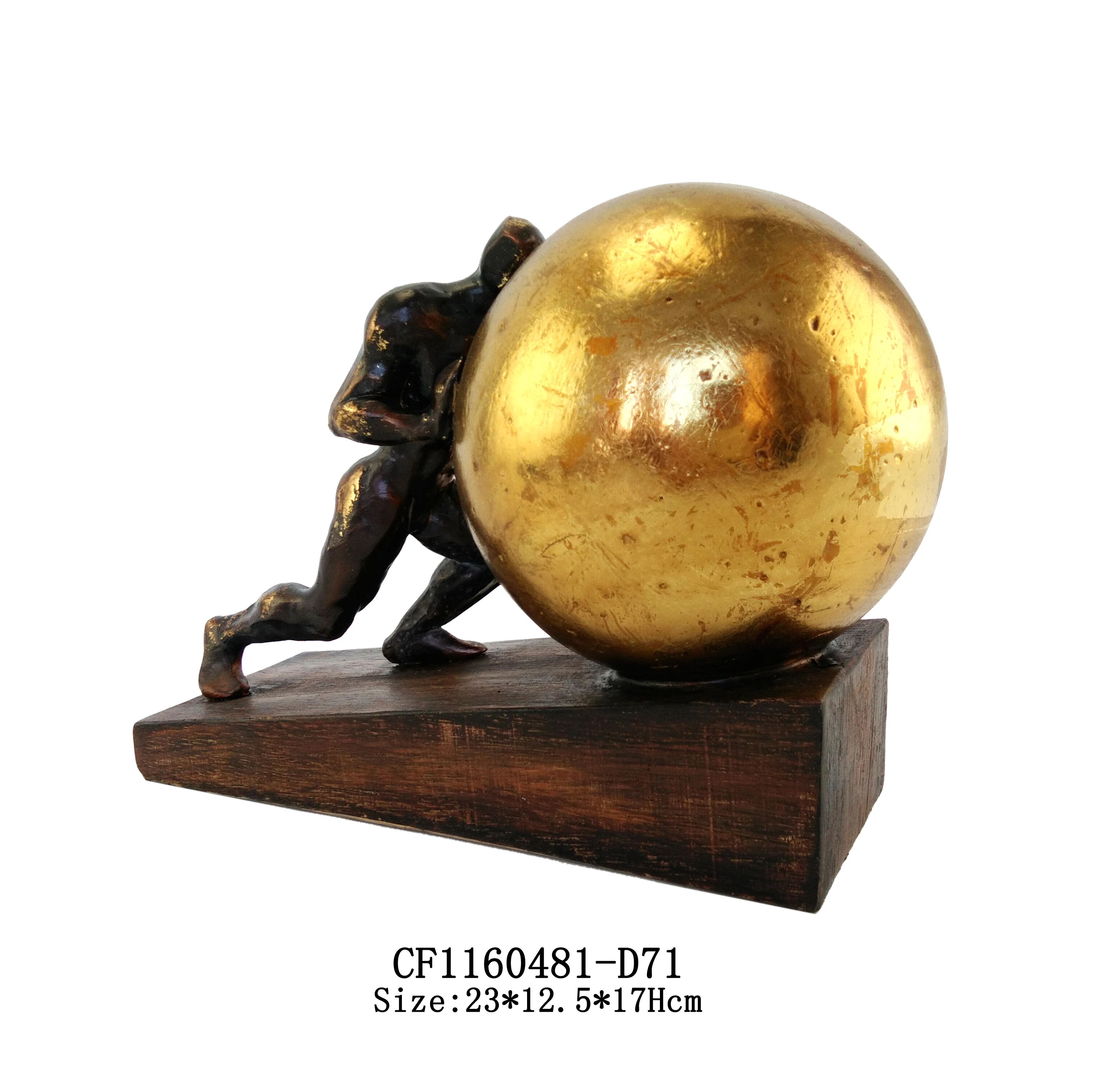 Wholesales artificial resin abstract men pushing the gold ball decoration for tabletop gifts supplier