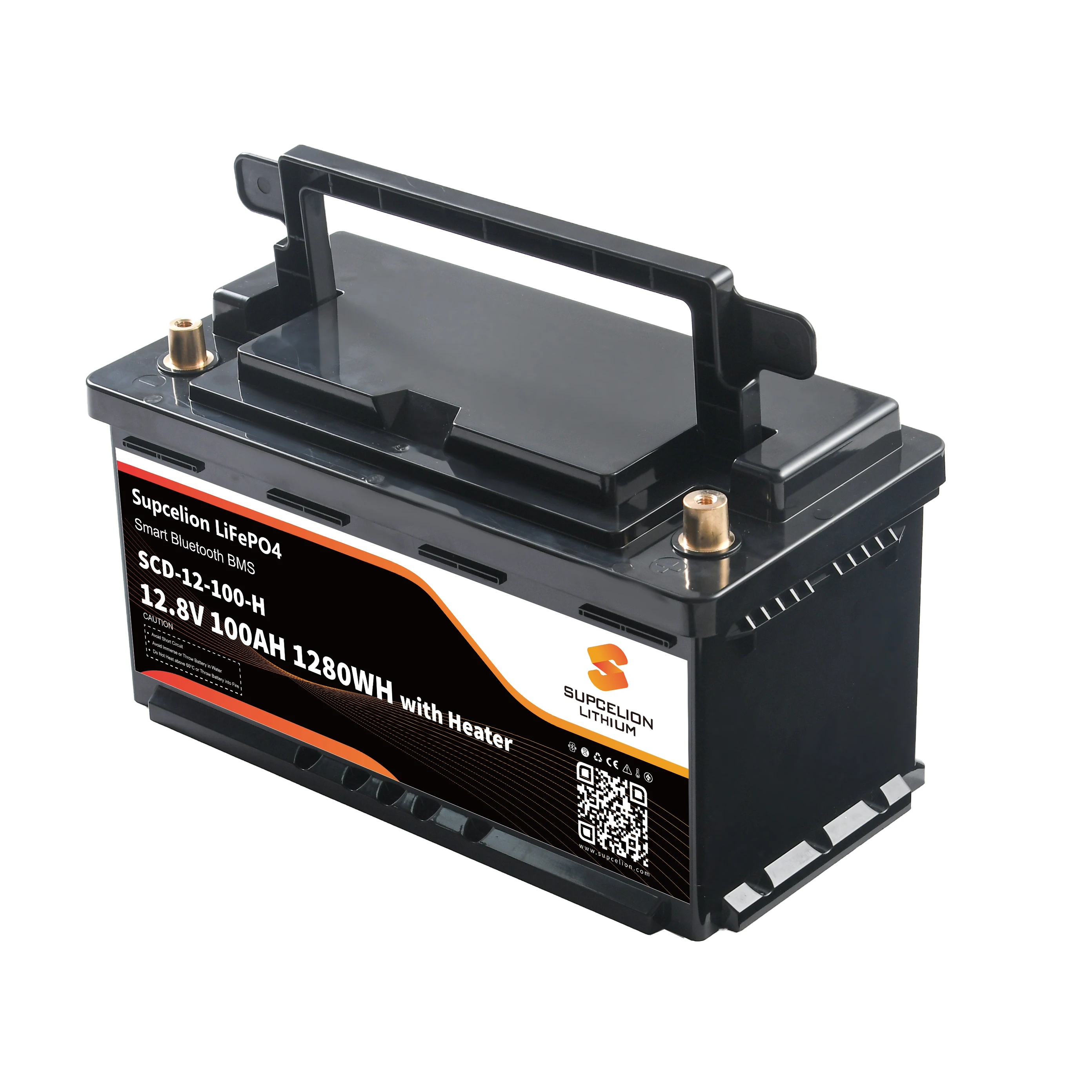 Smartphone app interface showing real-time voltage, temperature, and SoC for a 12V 100Ah lithium battery