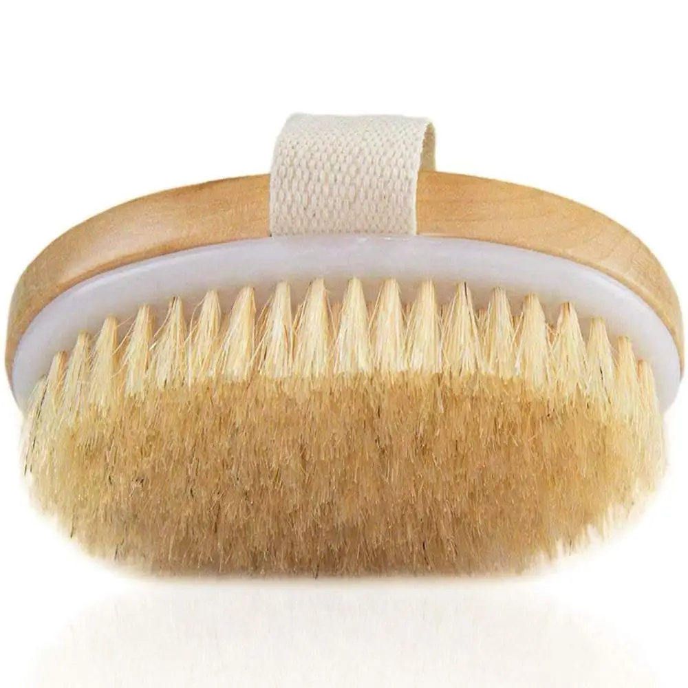 

Promotional Wood Natural Bristle Dry Skin Bath Body Brush With Hand Band For Nice Grip