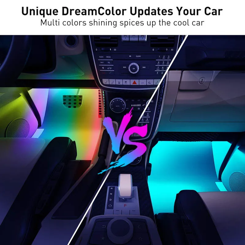 Dongtai Car LED Strip Light 48 LED Blubs Newest Style APP Controller Interior Car Charger Included Infinite DIY Colors with Sound Active Function Lighting Kits for iPhone Android Smart Phone DC 12V 