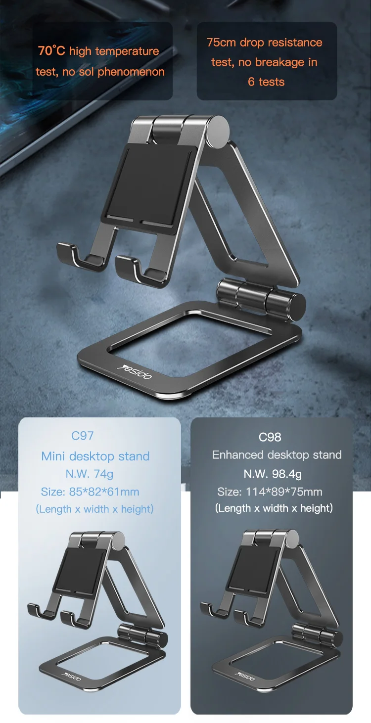 Yesido Aluminum Alloy 360 Angle Adjustable Telescopic Desk Mobile Phone Desktop Stand Tablet Flexible Cell Phone Stand Holder