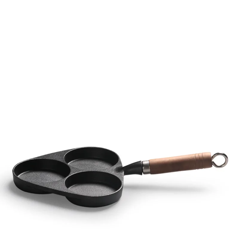 Kitchen Cast Iron Divided 3 Egg Frying Pan Skillet With Wood Handle Buy Nonstick Breakfast
