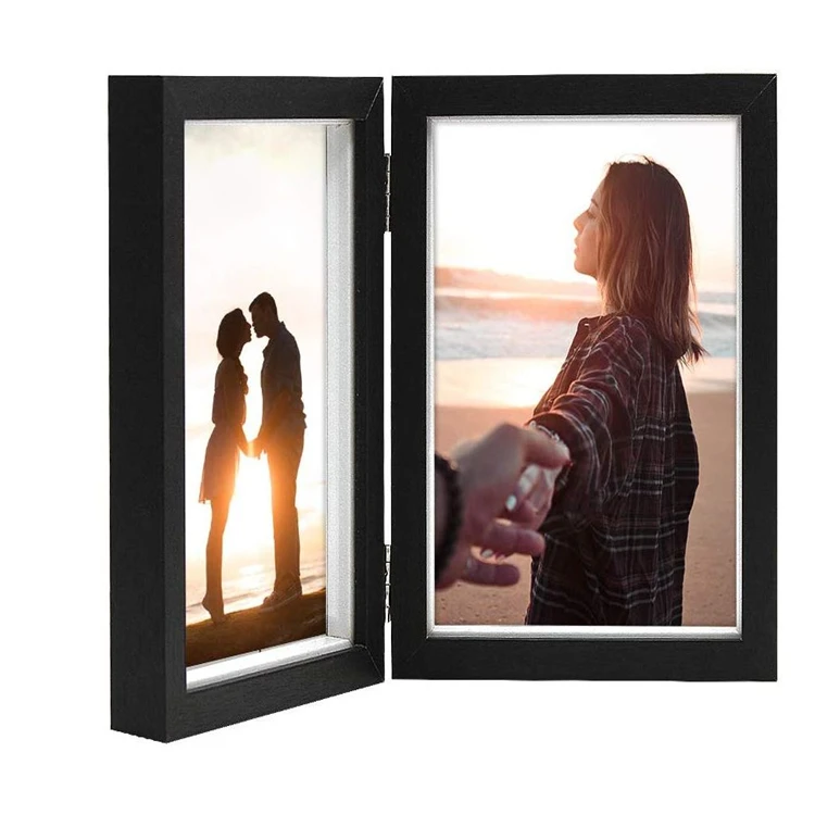 Double Picture 5x7 Vertical Hinged Black Shadow Wooden Photo Frames Box