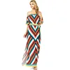 Women Off Shoulder Short Sleeve Side Split Bright Stripe Maxi Bohemian Dress With Adjustable Belt-Tie