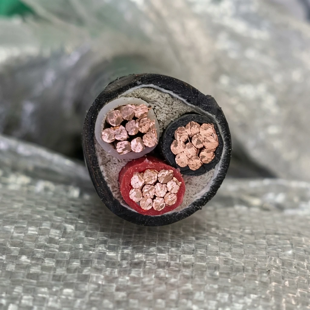 16mm 3 core SWA armoured cable showing steel wire layer and copper conductors