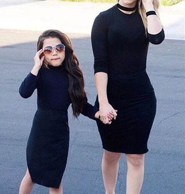 
Family Matching outfits Mom Daughter Casual Black Dress Baby Girls Slim Fit Clothing Child Longsleeves Tight Skirts 2 Piece Suit 