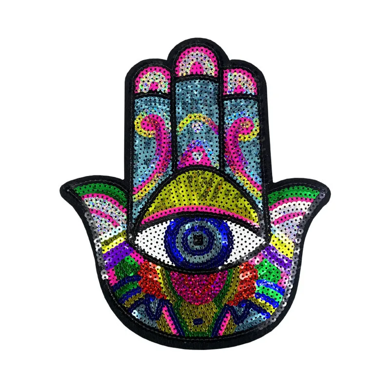 

Hot Selling Hand Sequined Iron on Patches Big Hand Eye Sequins Embroidery Appliques for T-shirt
