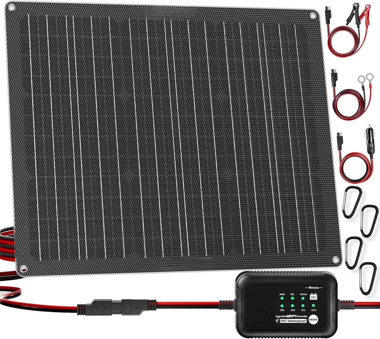 12V solar battery maintainer mounted on car hood with alligator clips connected to battery terminals
