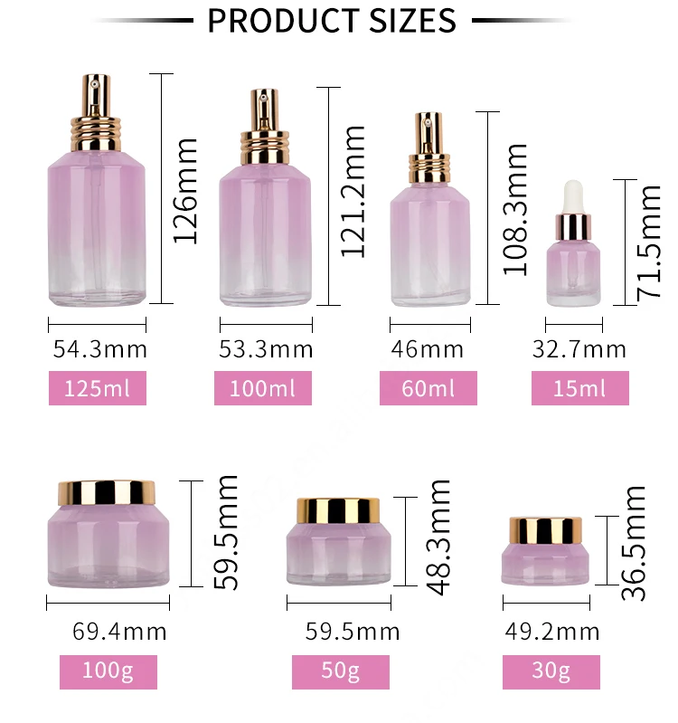 Aluminium gold cap Seven piece set matte/light pink cream jar glass bottle skincare packaging support custom supplier