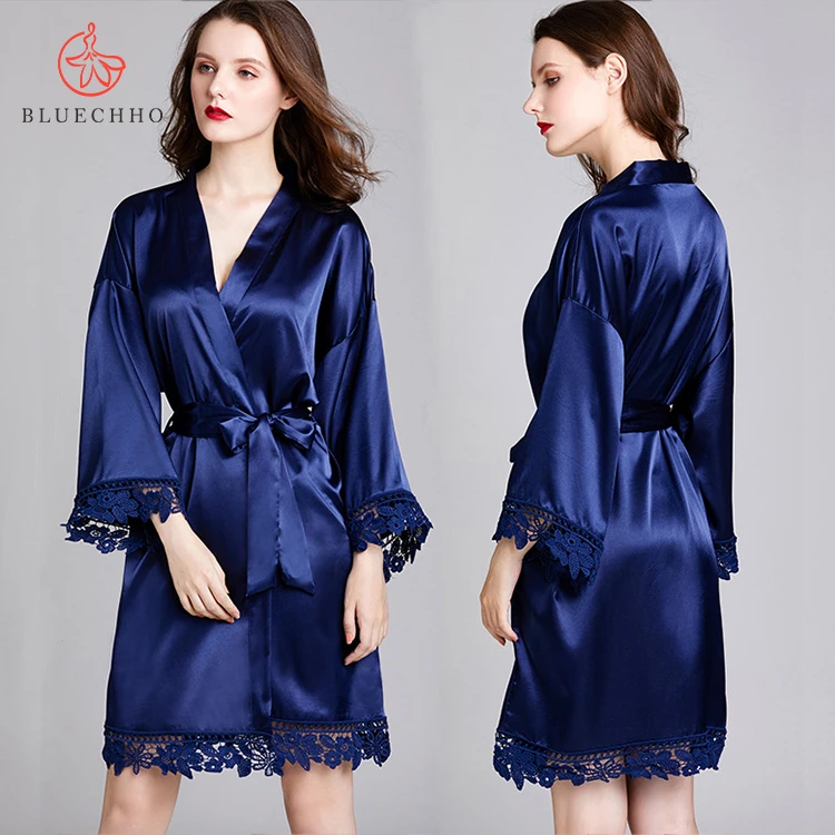 Women Satin Slip Silk Lounge Wear Bathrobes Kimono Short Robe Lace ...