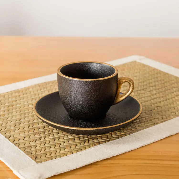 Wholesale high grade frosted black gold handle small ceramic tea espresso cup and saucer