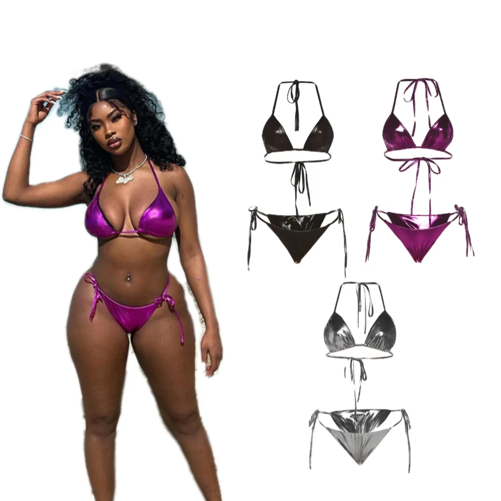 Y2k Summer Swimsuit New Arrivals Fashion Shiny Halter Backless Hot Sexy Girl Two Piece Bikinis For Women