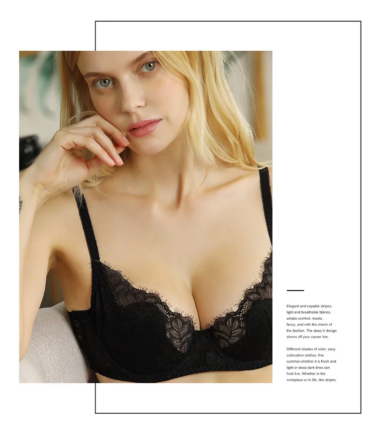 Women's Sexy Lace Thin Transparent Bra Set Large Size Wire-Free Support Adjusted Straps Breathable Solid Pattern Waist Thongs