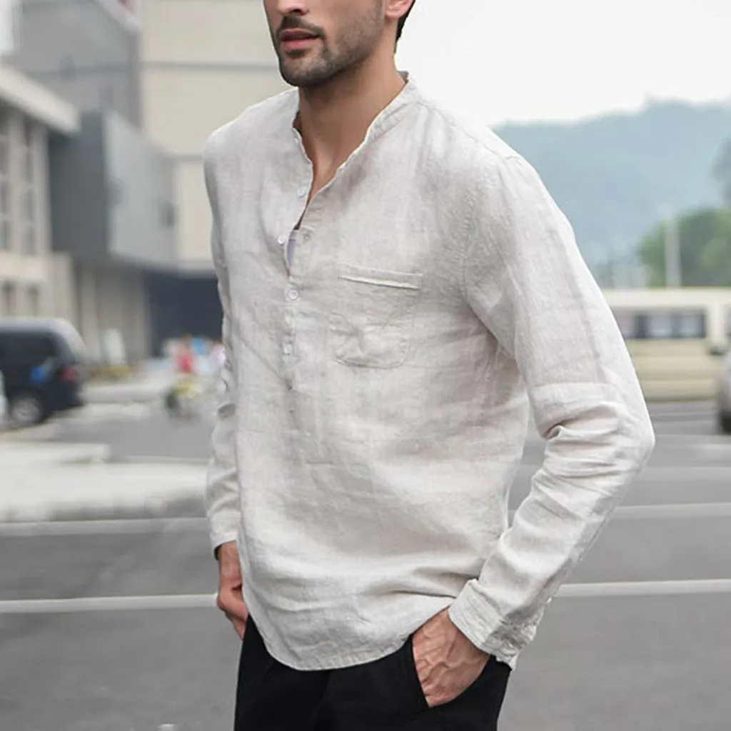 Men Vintage White Shirt Button Linen 