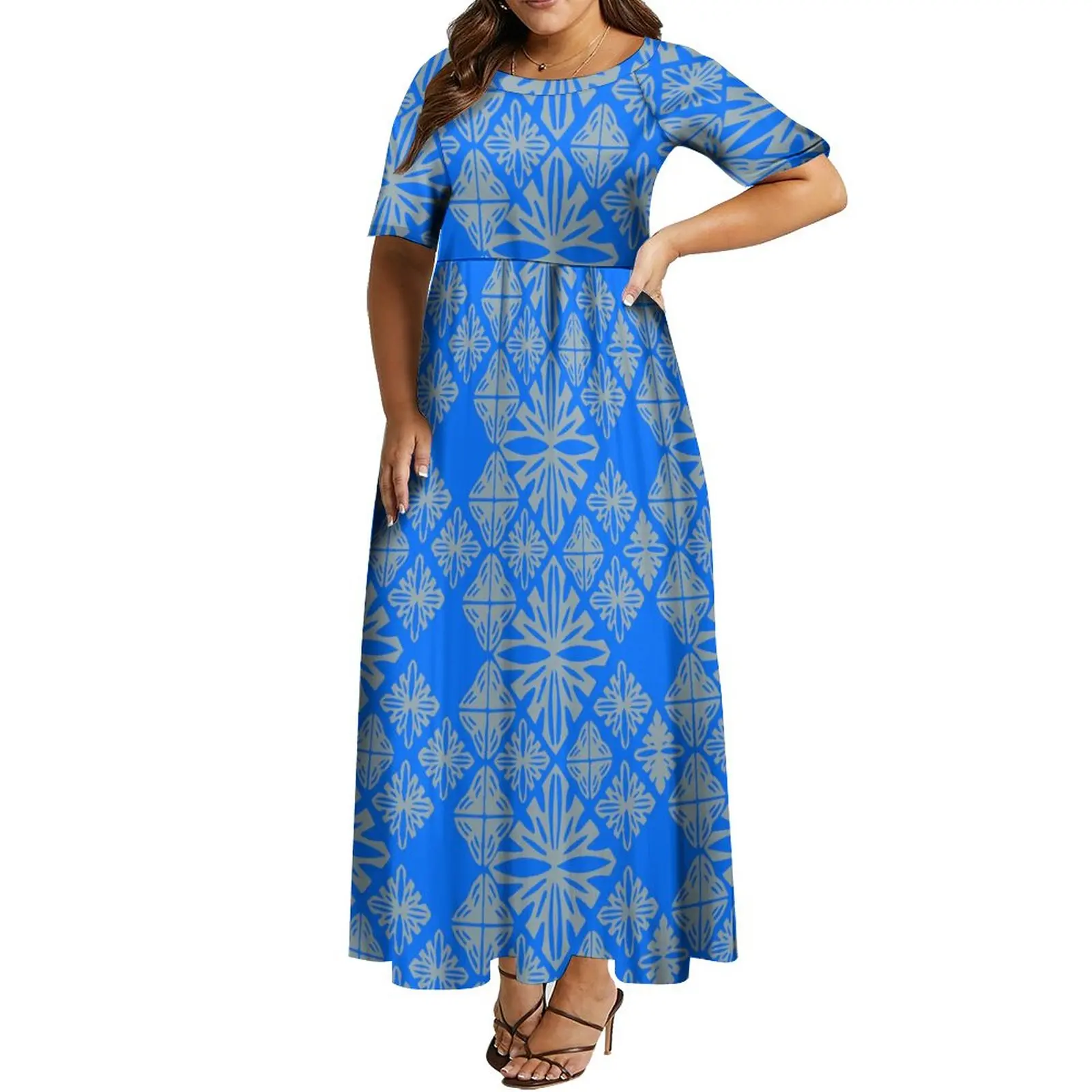 polynesian formal dresses 2023 New Design Custom Dress Blue Flower Tonga Tribal Print Long Elegant Off Shoulder Hawaiian Dress Vestidos polynesian dresses
