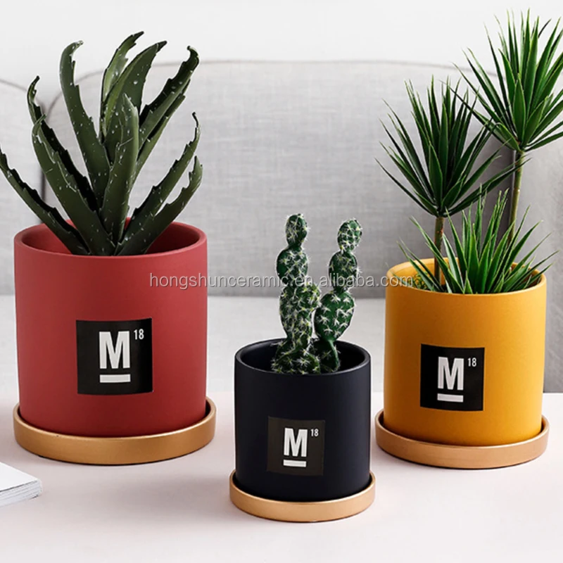 Colorful Ceramic Mini Flower Seedling Nursery Pot With Gold Saucer