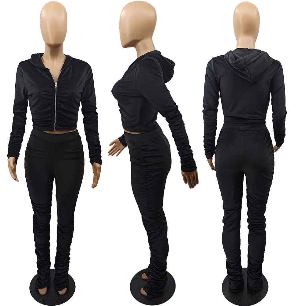 Fashion Crop Top Suit Hooded Sportswear Pullover+leggings Velvet Women ...