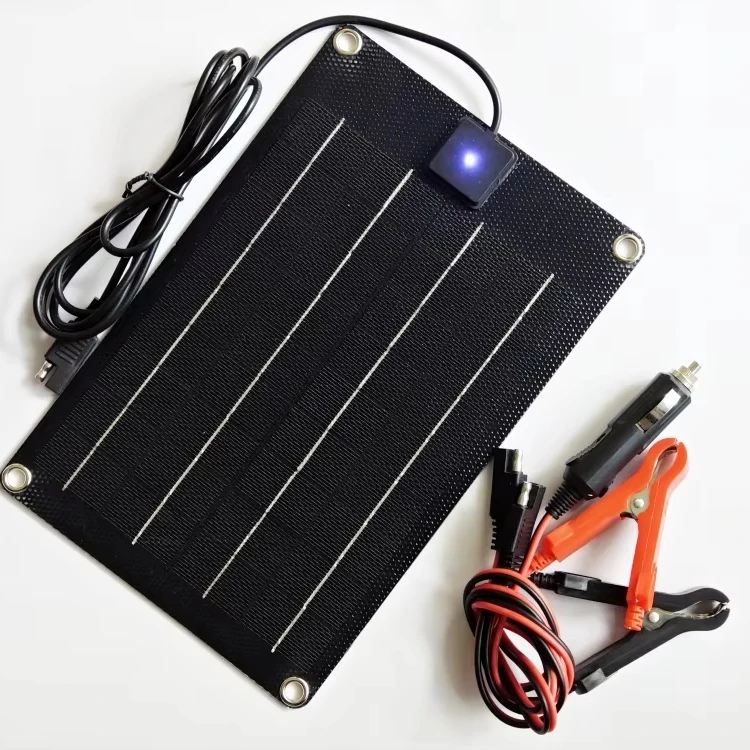 12V solar battery maintainer kit with solar panel, regulator, and alligator clip cables
