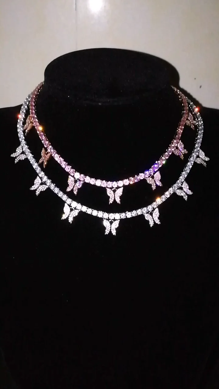 Bc110 4mm Brass Cz Tennis Chain With 7 Butterfly Charm Necklace With